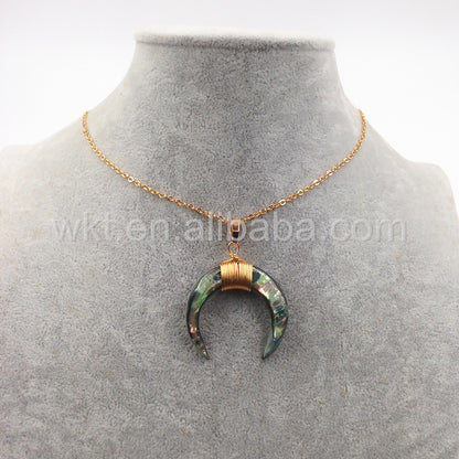WT-N749 Big Amazing Natural Crescent Shell Necklace Handmade Wire Wrapped Gold Half Moon Crescent Shell Necklace
