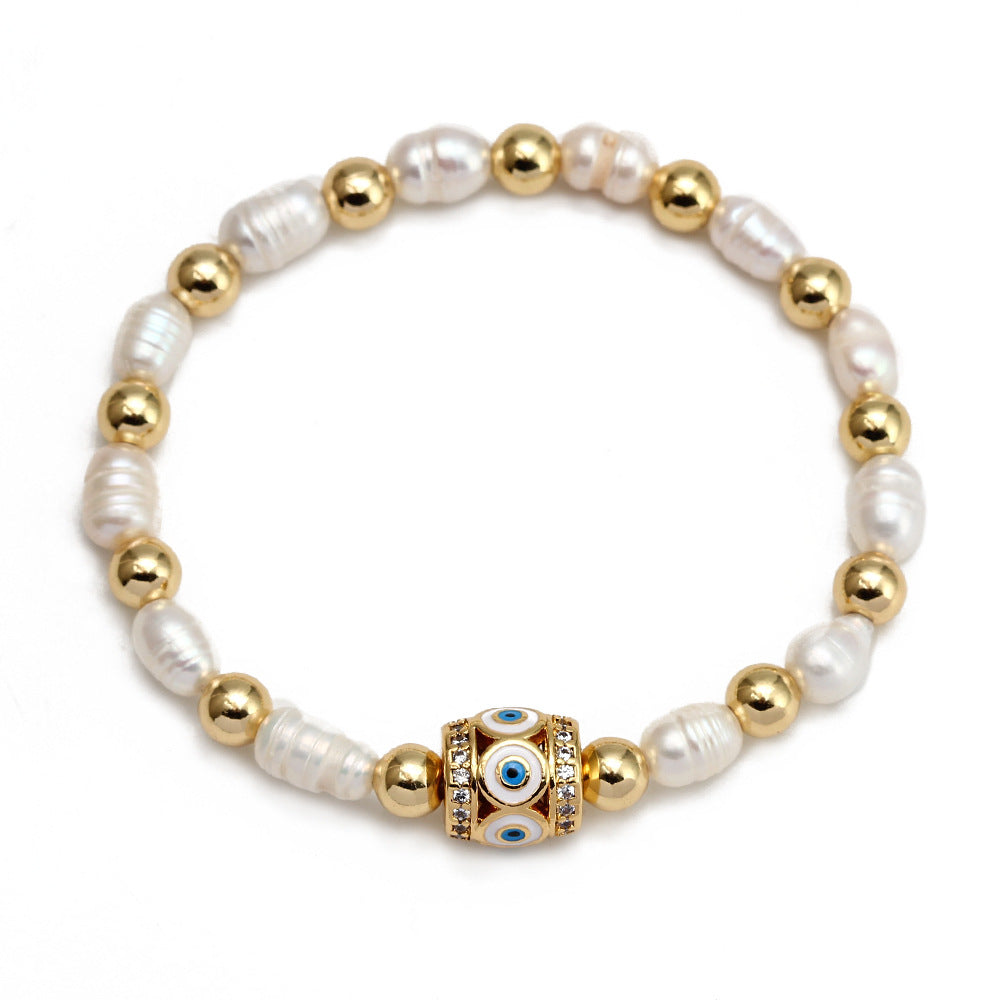 WT-MB123 Gorgeous Enamel Beads Women Bracelets Charming Natural Rice Pearl Beads Strand Bracelet with Turkey Eye Charms
