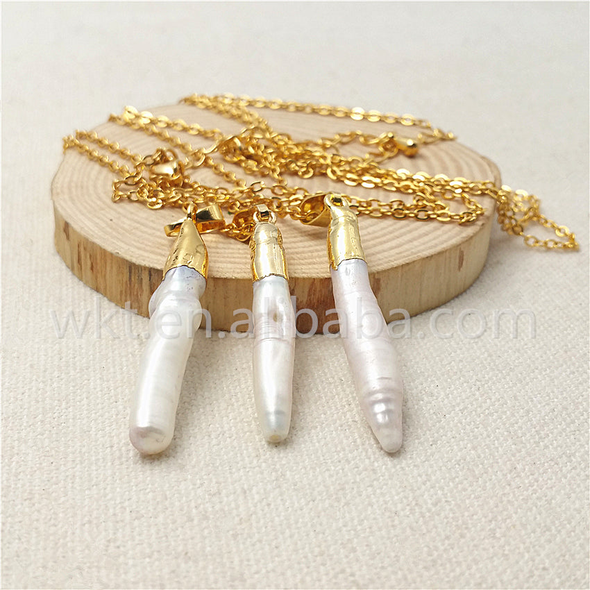 WT-N830 5*30mm New Wholesale Elegant Long Pearl Stick Pendant Necklace, Natural Pearl With Gold Plated Pendant Necklace
