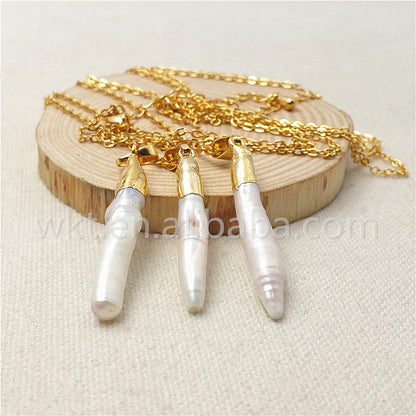 WT-N830 5*30mm New Wholesale Elegant Long Pearl Stick Pendant Necklace, Natural Pearl With Gold Plated Pendant Necklace