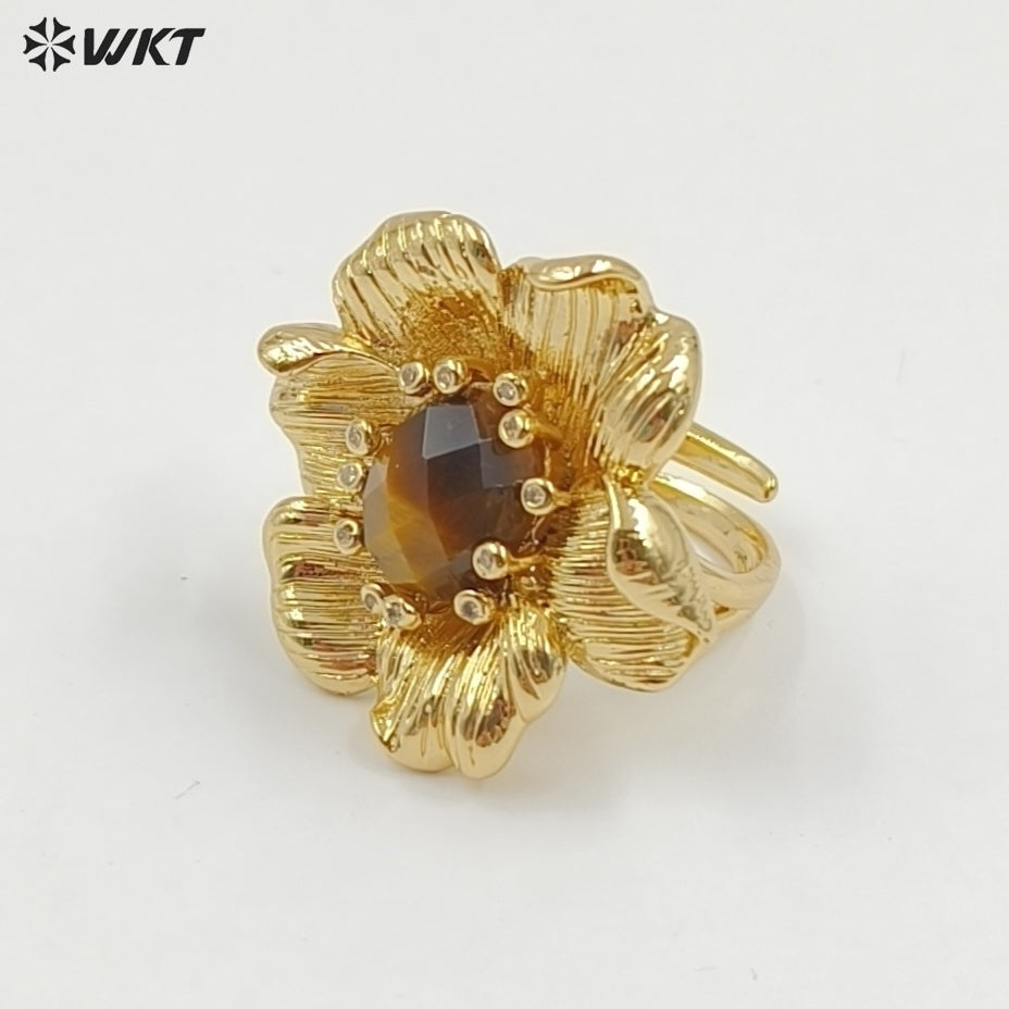 WT-R583 Exquisite Gold Electroplated Zircon And Natural Gemstones Flower Shape Rings For Female Dance Party Jewelry Matching