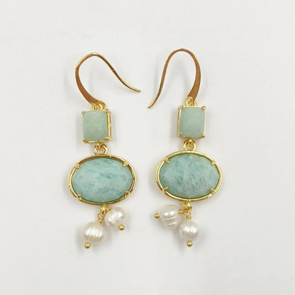 WT-MPE110 Bohemia Elegant Natural Pearl and Stone 18k Gold Plated Gift for Women Weeding 58mm Romantic Pendant Earrings