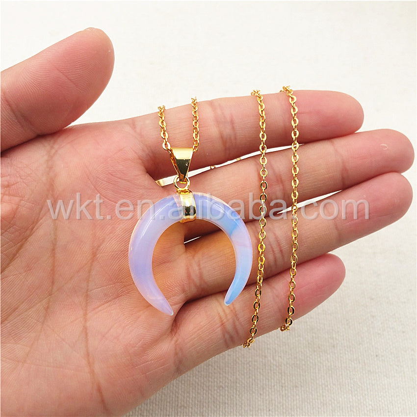 WT-N850 Wholesale Charm Opal Horn Necklace & Pendant,18" Gold Chain Horn Necklace Natural Opal Stone Design Horn Necklace