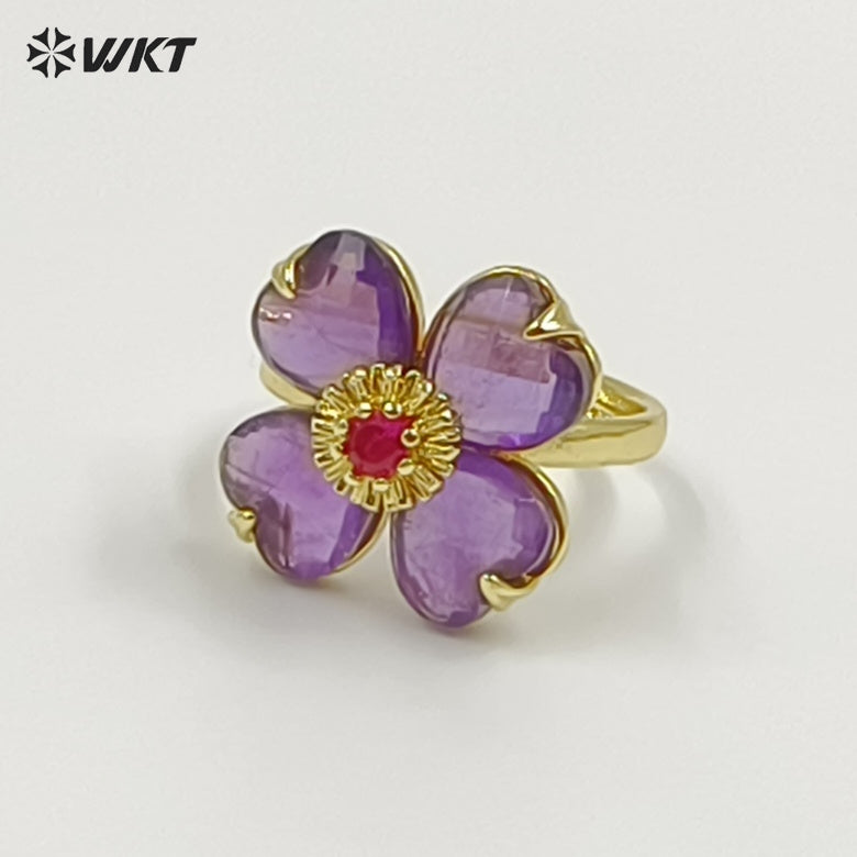 WT-R602 Gorgeous Design Gold Plated Zircon And Colorful Natural Gemstone Flower Shape Rings Adjustable For Party Wearing Jewelry