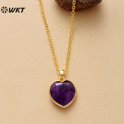 WT-N1486 Exquisite Gemstones Women Jewelry Heart Shape Amethyst Stone Necklace Gold Plated 18 Inches Chain Resist Tarnishable