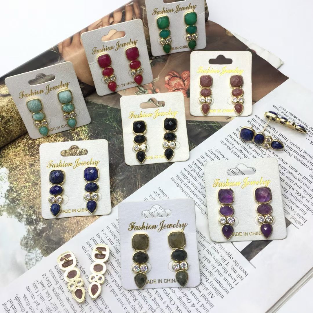 WT-E812 Newest Fashion Design Gold Plated Zircons And Three Natural Gemstones Drop Earrings As Lady Elegant Jewelry Gift