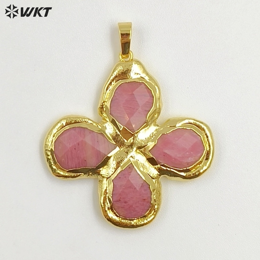 WT-P2055 Popular Sale 18K Gold Plated Tiger Eye Natural Gemstones Cross Pendants For Trendy Necklace Making Accessories