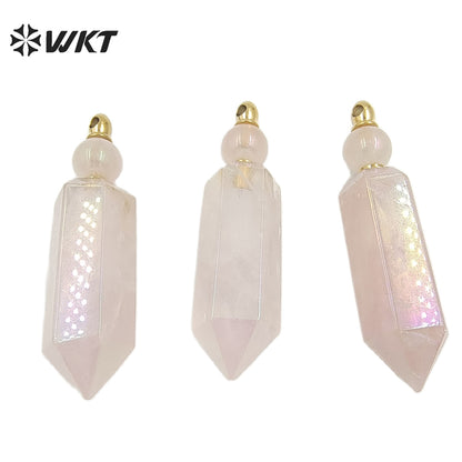 WT-P1788 Delicate Texture Natural Stone Rose Quartz With Aura Hexagonal Prism Pendant Elegant for Women Gifts Quartz Pendant