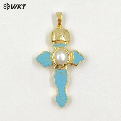 WT-P2092 New Arrival Gold Plated Multi Colors Natural Turquoise Stone And Pearl Cross Charm Pendants As Lady Jewelry Accessory