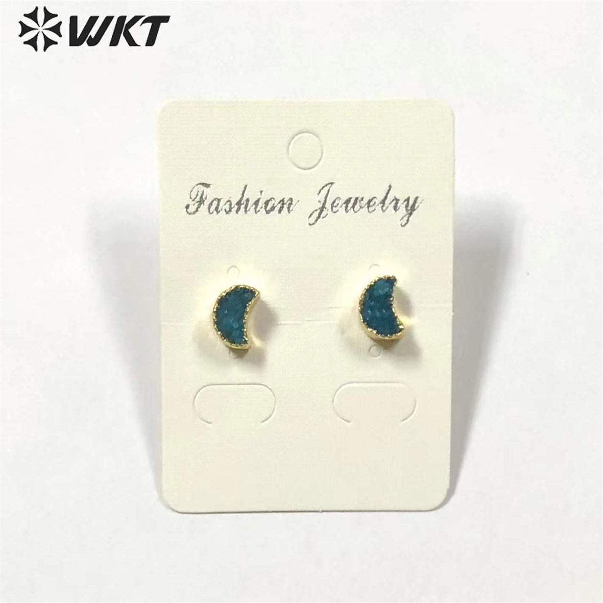 WT-E282 Design Lovely Natural Druzy Quartz Crescent Earring Colorful Tiny Moon Quartz Stud Earring With 24k Gold Electroplated