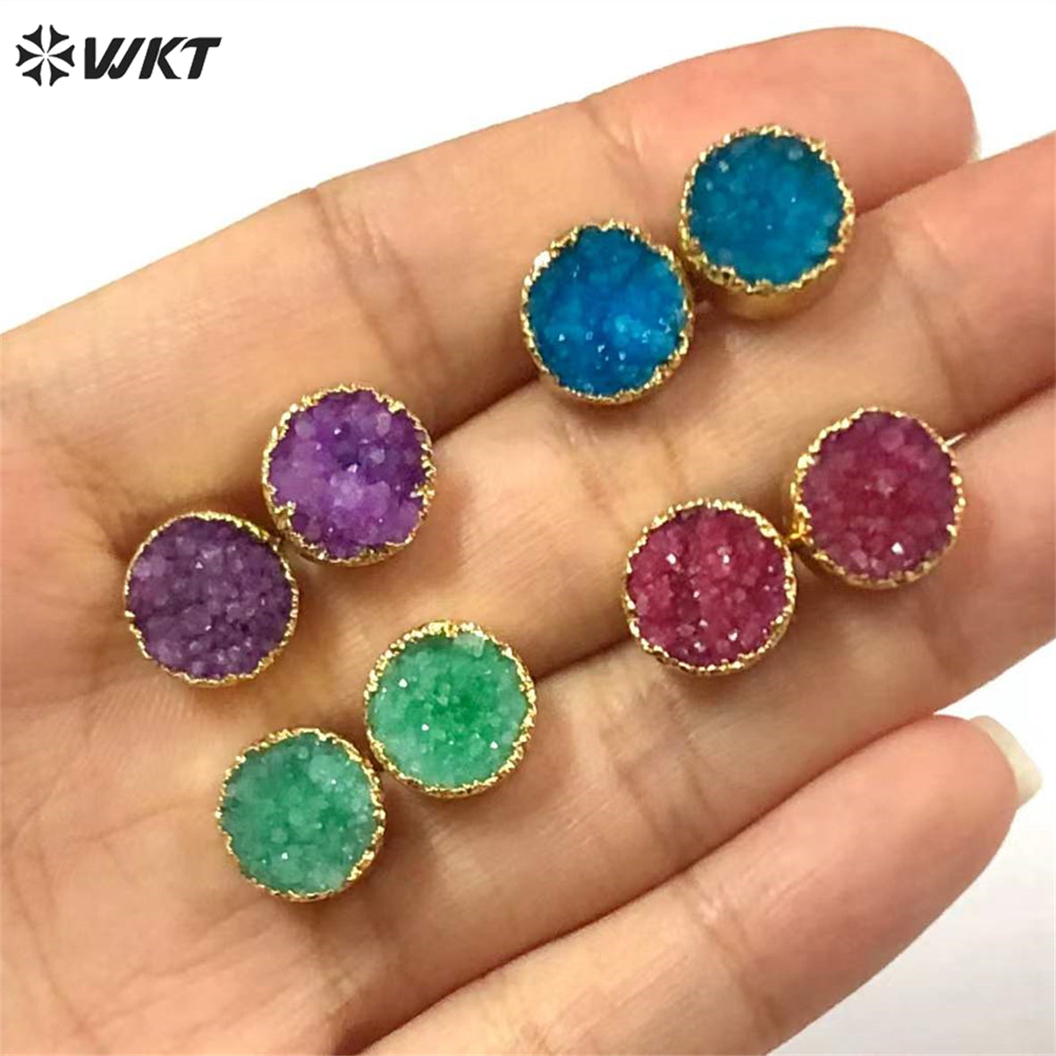 WT-E155 Wholesale Fashion 18k Real Gold Plated Natural Stone Studs Earrings Fashion Women Gold Trim Round Druzy Quartz Studs