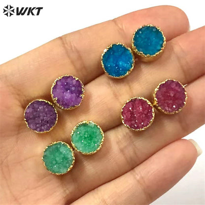 WT-E155 Wholesale Fashion 18k Real Gold Plated Natural Stone Studs Earrings Fashion Women Gold Trim Round Druzy Quartz Studs