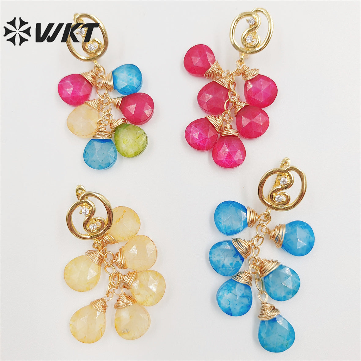 WKT-E672 Amazing Handmade Fashion Wire Wrapped Water Drop Natural Chalcedony Stone Dangle Earrings Charming Women Jade Earrings