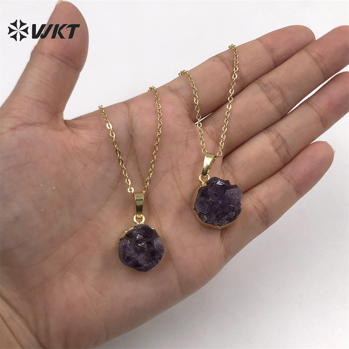 WT-N348 Wholesale Natural Round Druzy Amethyst Necklace, Hot Tiny Raw Amethyst Necklace With Gold Dipped