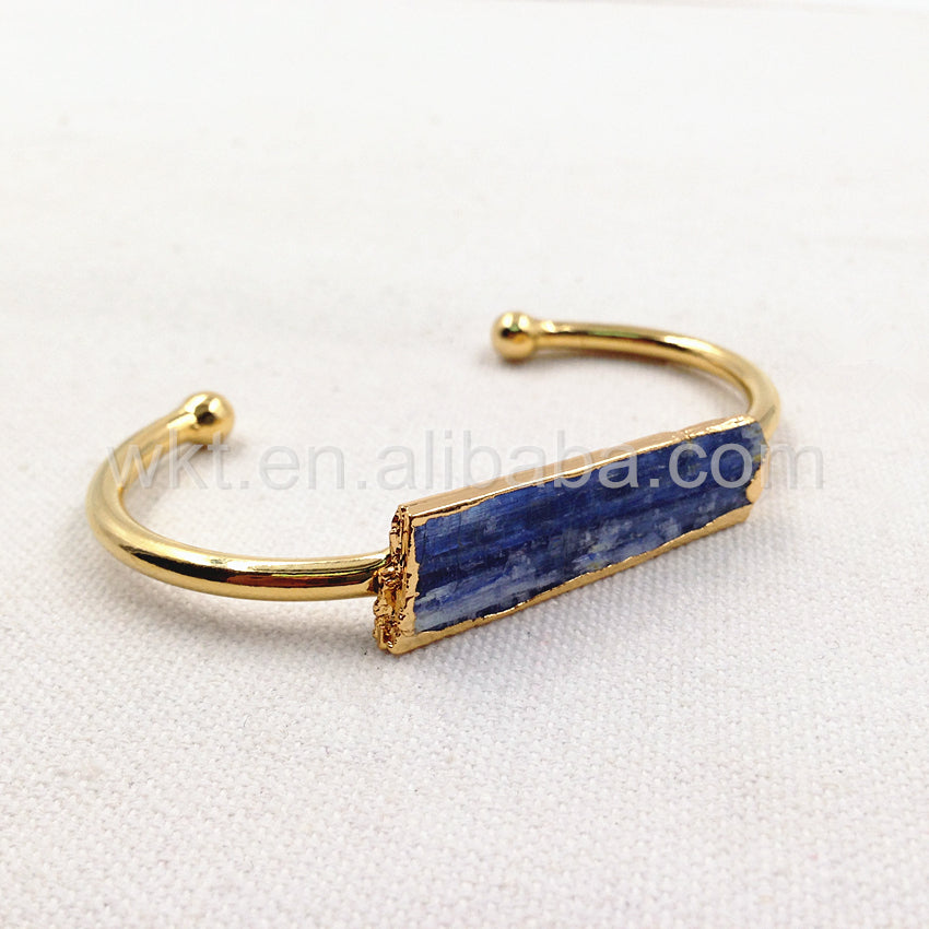 WT-B243 Beautiful Rough Blue Kyanite 24k Gold Plated Cuff Bangle, Natural Blue Kyanite Stone Cuff Bangle
