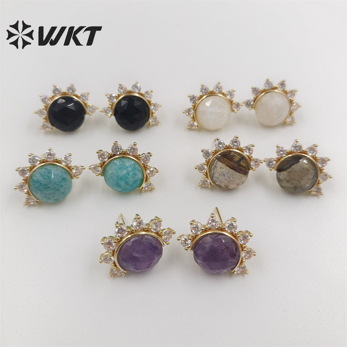 WKT-E671 WKT New Design Fashion Micropaved Cubic Zircon Round Stone Eye Studs Charming Natural Faceted Stone Earring Studs