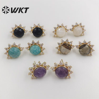 WKT-E671 WKT New Design Fashion Micropaved Cubic Zircon Round Stone Eye Studs Charming Natural Faceted Stone Earring Studs