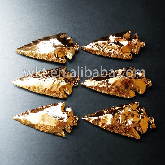 WT-P304 SALE Petite Arrowhead Electroplated 24k Gold Pendant Charm, Full Gold Layering Arrowhead jasper Pendants