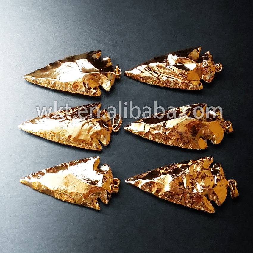 WT-P304 SALE Petite Arrowhead Electroplated 24k Gold Pendant Charm, Full Gold Layering Arrowhead jasper Pendants