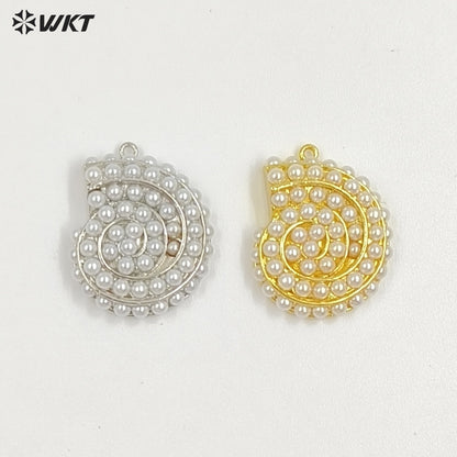 WT-MP314 Popular Sales Marine Animal Series Whorl Shape Gold Plated Brass With Artificial Pearl Lovely Pendant Jewelry Accessory