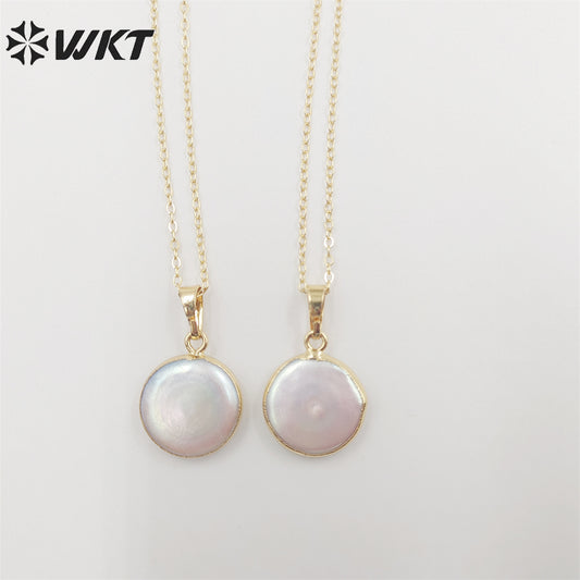 WT-N507 Wholesale Fancy Natural Freshwater Pearl Necklace Gold Dipped Round Pearl Necklace Coin Shape Pearl Charm Necklace