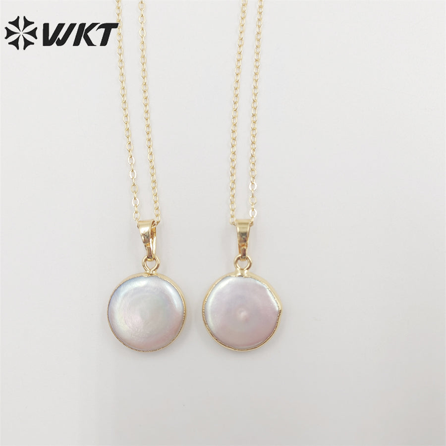 WT-N507 Wholesale Fancy Natural Freshwater Pearl Necklace Gold Dipped Round Pearl Necklace Coin Shape Pearl Charm Necklace