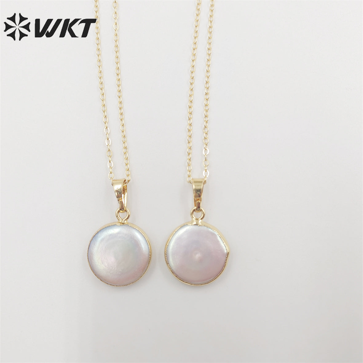WT-N507 Wholesale Fancy Natural Freshwater Pearl Necklace Gold Dipped Round Pearl Necklace Coin Shape Pearl Charm Necklace