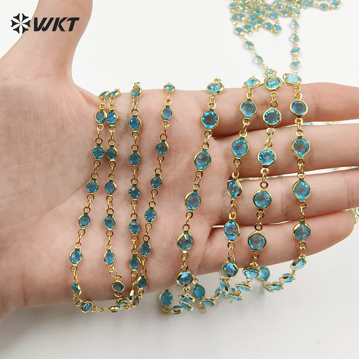 WT-RBC230 Super Hot 18K Real Gold Plated Aqua Crystal Round Beads Chain for Women Jewelry Necklace DIY Design Findings