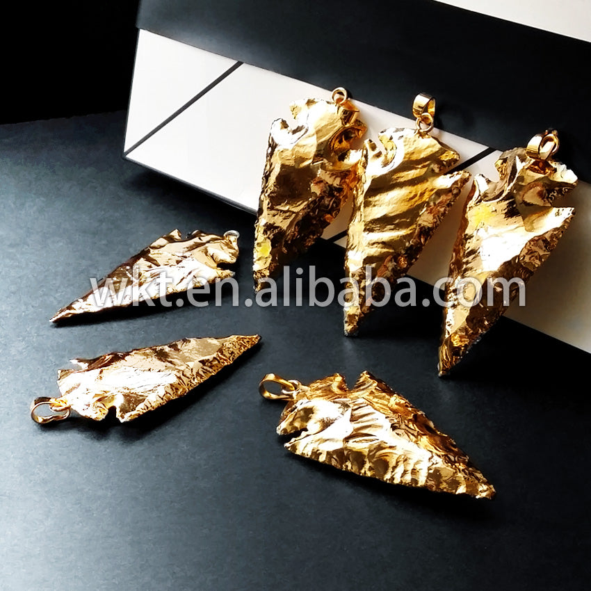 WT-P304 SALE Petite Arrowhead Electroplated 24k Gold Pendant Charm, Full Gold Layering Arrowhead jasper Pendants