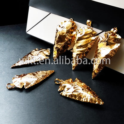 WT-P304 SALE Petite Arrowhead Electroplated 24k Gold Pendant Charm, Full Gold Layering Arrowhead jasper Pendants