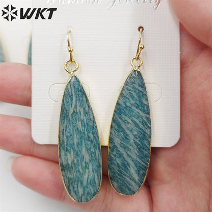 WT-E196 Newest Long Fashion Amazonite Teardrop Earrings, Fashion Gold Plated Stone Teardrop Earrings