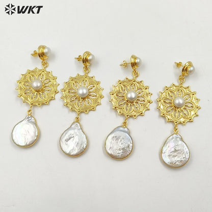 WT-MPE128 Amazing Design Long Dangle Gorgeous Natural White Pearl Handmade Women Drop Earrings for Wedding Studs