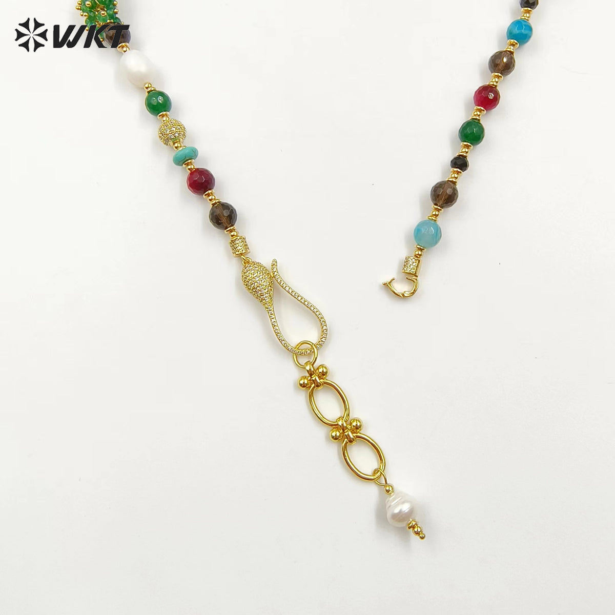 WT-JN264 Gorgeous 8MM Round Faceted Natural Agate and Baroque Pearl Lady Beads Necklace in 26 Inch Long