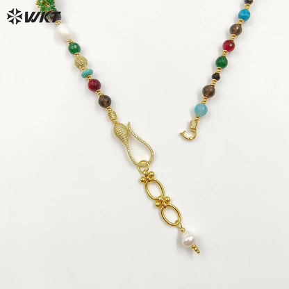 WT-JN264 Gorgeous 8MM Round Faceted Natural Agate and Baroque Pearl Lady Beads Necklace in 26 Inch Long