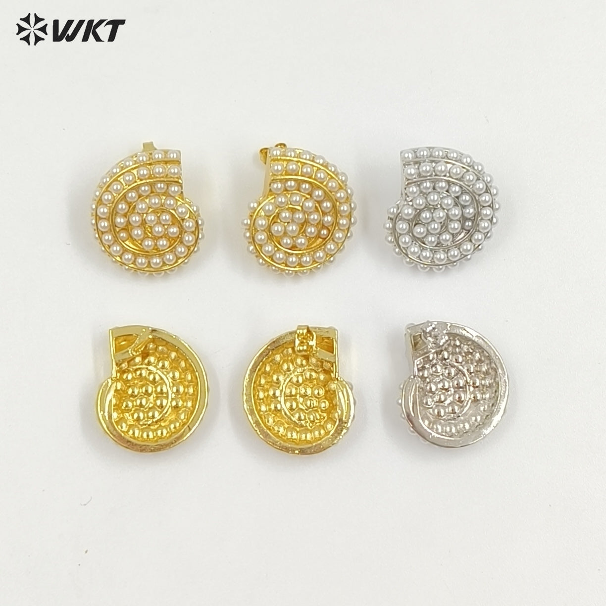 WT-ME125 Newest Design Jewelry Brass Gold And Silver Plated With Artificial Pearl Conch Shape Earrings For Girl Daily Wearing