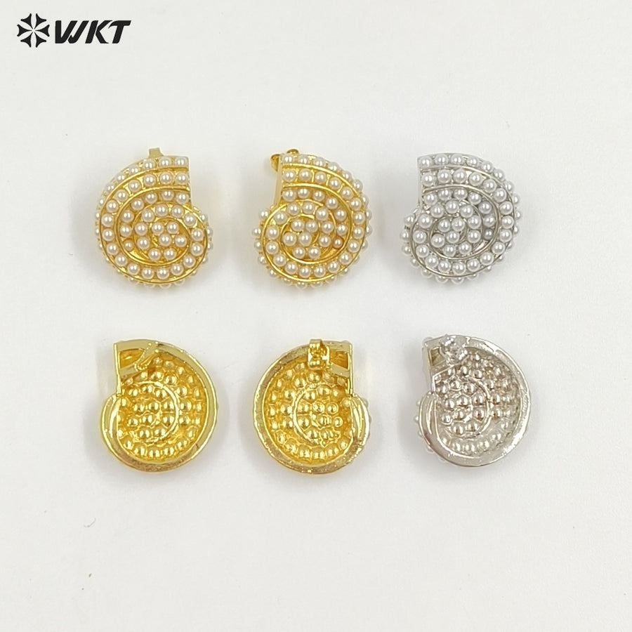 WT-ME125 Newest Design Jewelry Brass Gold And Silver Plated With Artificial Pearl Conch Shape Earrings For Girl Daily Wearing