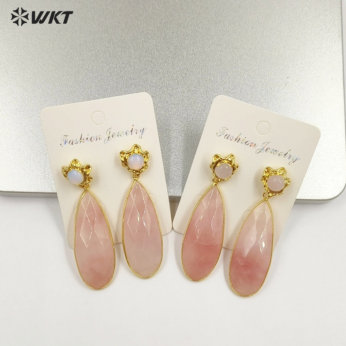 WT-E792 New Design Gold Plated Natural Small Gemstones And Pink Crystal Long Waterdrop Shape Earrings As Women Romantic Gift