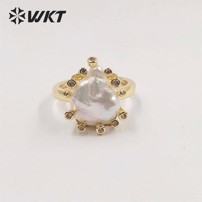 WT-MPR050 Elegant Fashion Gold Cubic Zircon Round Coin Freshwater Pearl Ring INS Hot White Gorgeous Women Anneversarry Ring