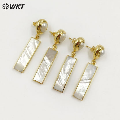 WT-E421 Elegant Snow-white Shell Women Earrings Shell Rectangular Bar Drop Earring With White Crystal Nail Earrings Jewelry