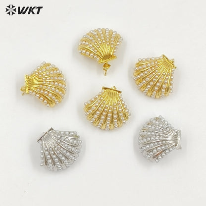 WT-ME124 New Arrival Delicate Gold And Silver Electroplated Brass With Artificial Pearl Shell Shape Earrings For Lovely Gift