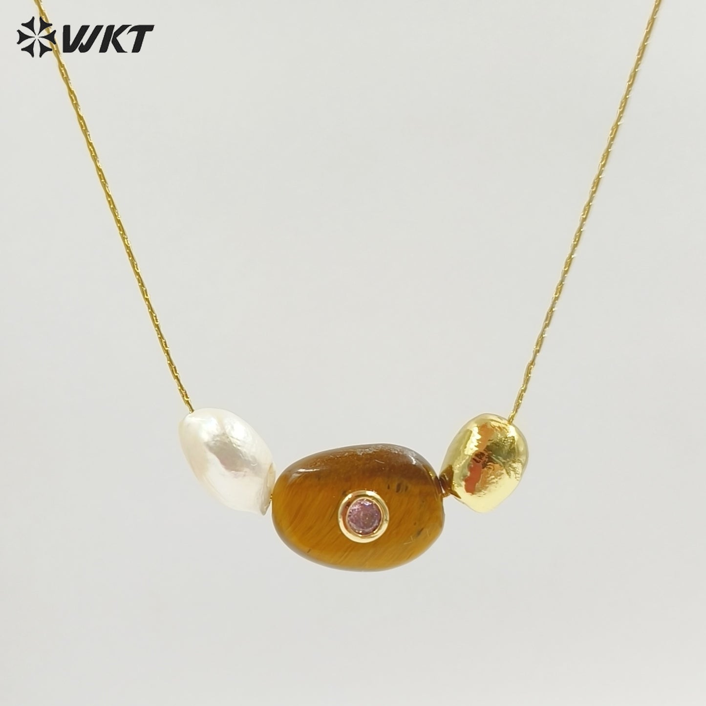 WT-N1541 Elegant Trendy Style Gold Electroplated Tiny Chain With Natural Gemstone And Pearl Pendant Necklace For Daily Wearing