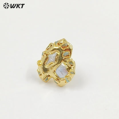 WT-MPR149 Exquisite Luxury Gold Plated Cross Square Natural Freshwater Pearls And Little Stones Women Ring For Wedding Gift