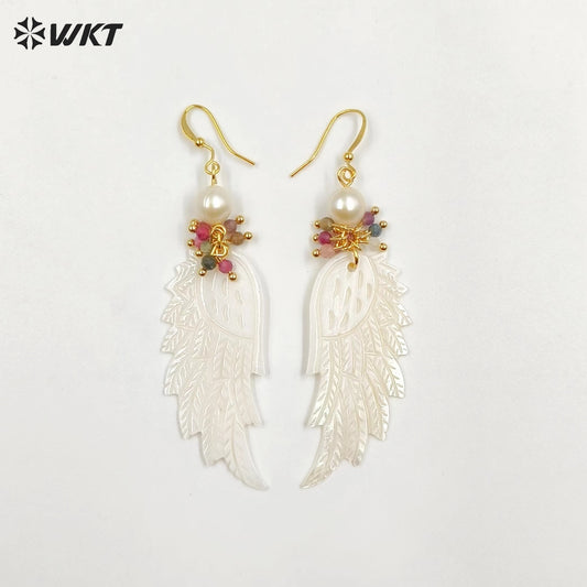 WT-MPE103 Latest Style Shell and Tourmaline Beads 22*53mm Wing Shaped 18k Gold Plated Gift Weeding Romantic Pendant Earrings