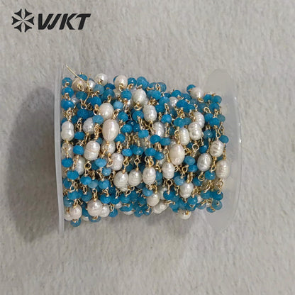 WT-RBC225 Wholesale New Arrival Exquisite Brass Chain Gold Plated Stone & Pearl Shell Shape Sell by Meter Handmade Metal Chain