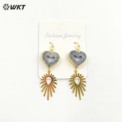 WT-E747 Wholesale Fashion New 18k Gold Plated Hollow Design Lovely Druzy Quartz Made Heart and Leaf Stone Earrings