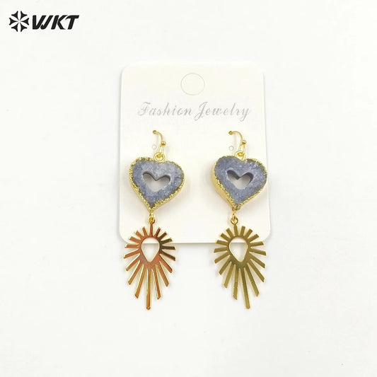 WT-E747 Wholesale Fashion New 18k Gold Plated Hollow Design Lovely Druzy Quartz Made Heart and Leaf Stone Earrings