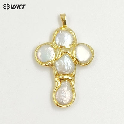 WT-JP421 Wholesale Back Full Gold Electroplated Round Natural Freshwater Pearls Cross Shape Pendant For Women Luxury Jewelry DIY