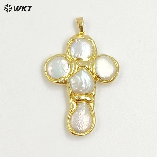 WT-JP421 Wholesale Back Full Gold Electroplated Round Natural Freshwater Pearls Cross Shape Pendant For Women Luxury Jewelry DIY
