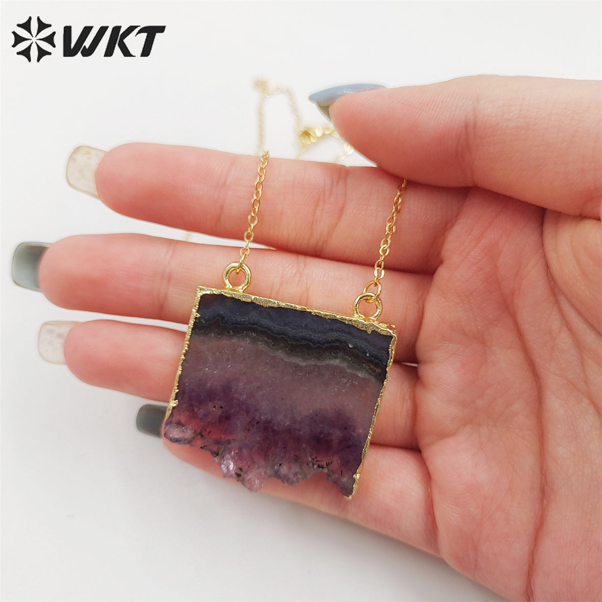 WT-N123 Hot Fashion Gold Slice Amethyst Stone Pendant Necklace High Quality Natural Brazil Druzy Amethyst Stone Necklace