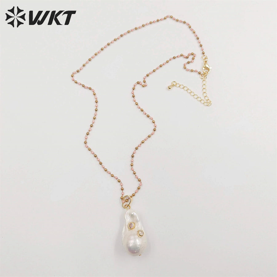 WT-JN091 White Baroque Pearl Necklace Pearl With CZ&Gemstones Beads Charm Women Fashion Necklace Jewelry Colorful Necklace